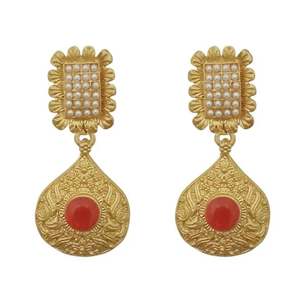 unique earrings for women-Kriaa Red Pota Stone Gold Plated Pearl Dangler Earrings - 1313110F