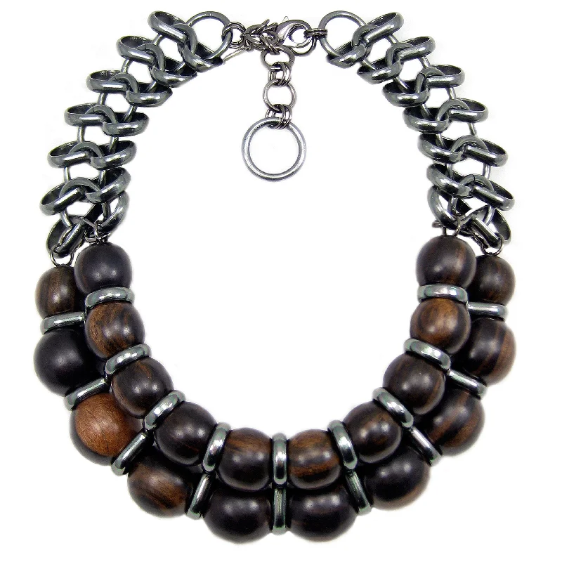 layered gold necklaces for women-#137n Ebony Wood Bead & Gunmetal Chain Necklace