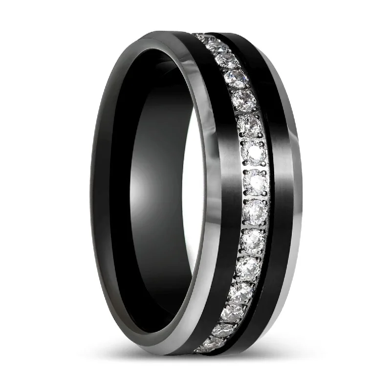 multi-stone engagement rings for women-NEMESIS | Black Tungsten Ring, White Round CZ, Beveled Edge Ring