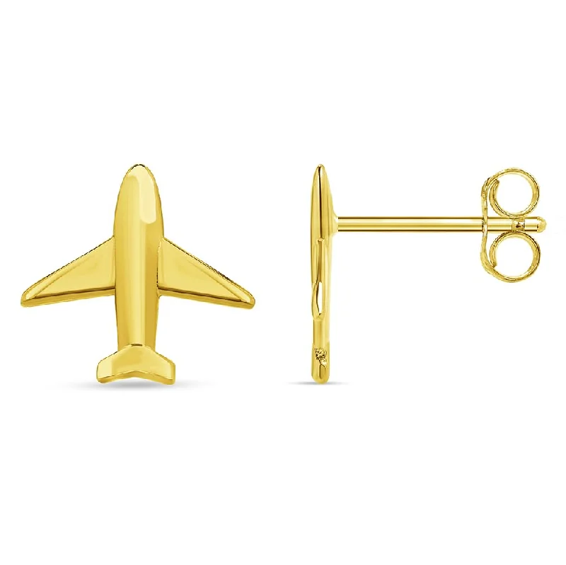 gemstone drop earrings for women-Solid 14k Yellow Gold Airplane Jet Aircraft Stud Earrings with Push Back