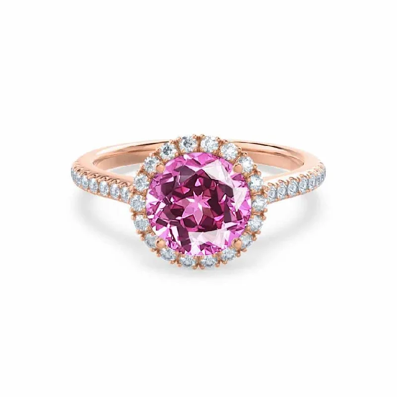 LAVENDER- Chatham® Pink Sapphire & Diamond 18k Rose Gold Petite Halo