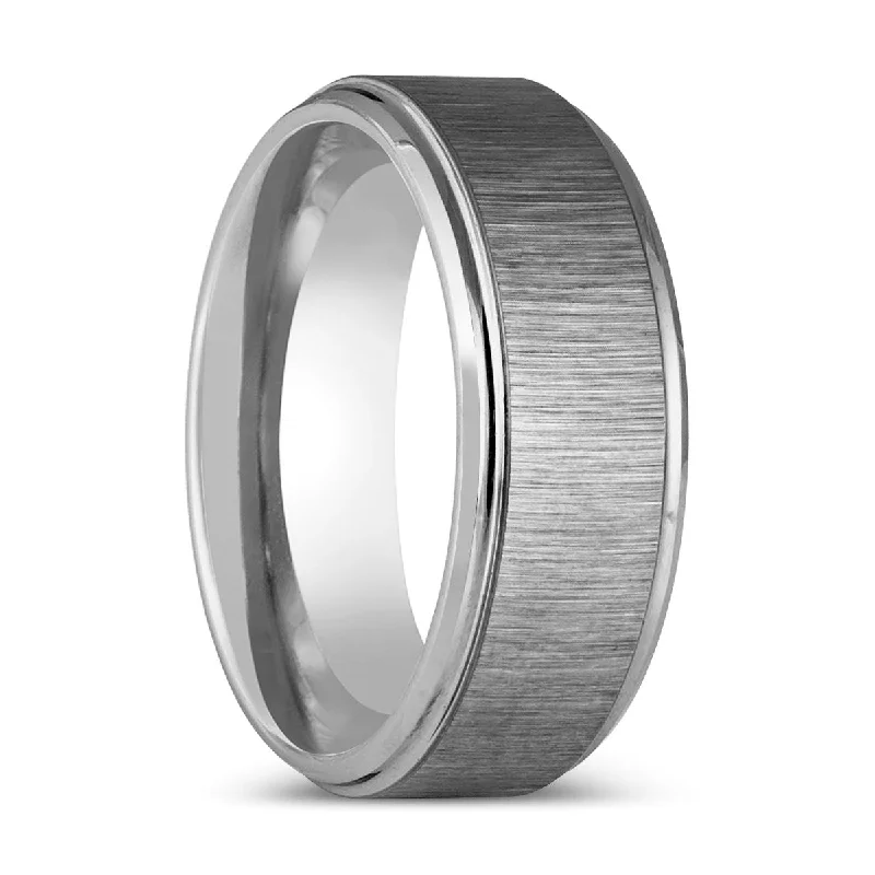 antique engagement rings for women-REFLECTIVA | Silver Tungsten Ring, Grain Finish Stepped Edge