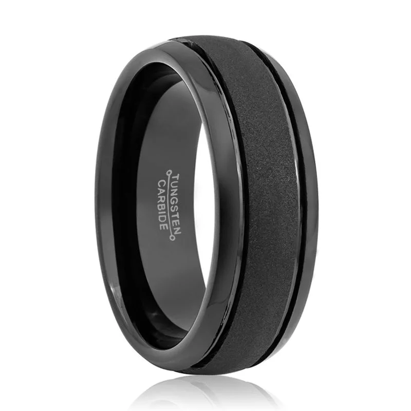 rose gold engagement rings for women-VORTEX | Black Tungsten Ring, Sandstone Finish, Domed