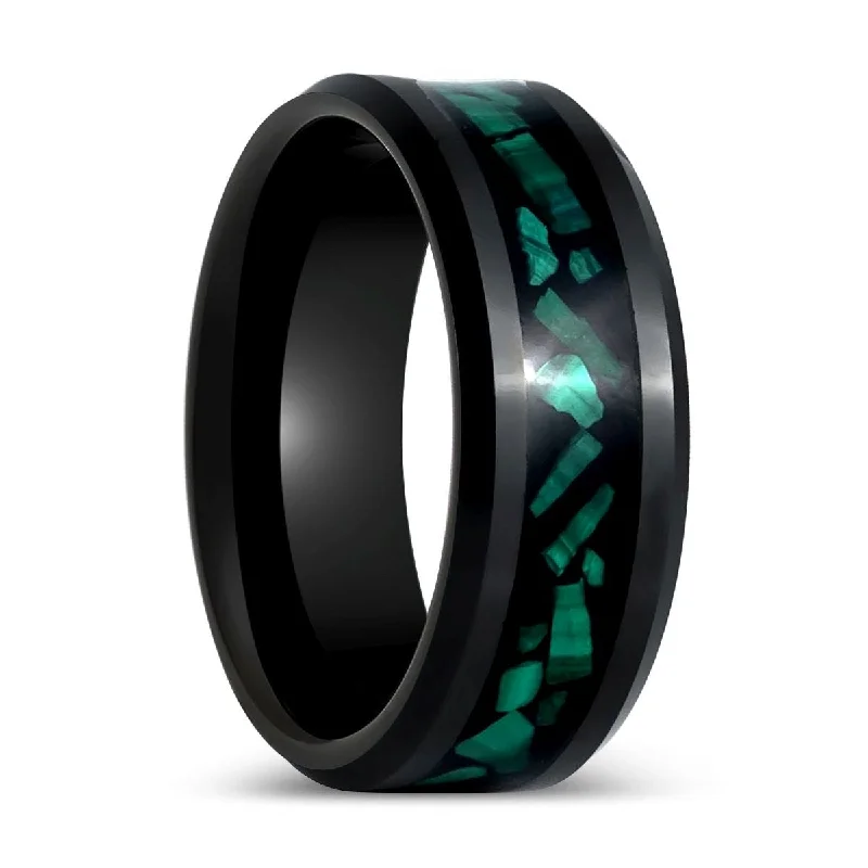 unique wedding engagement rings for women-MALACHIP | Black Tungsten Ring, Malachite Inlay, Beveled