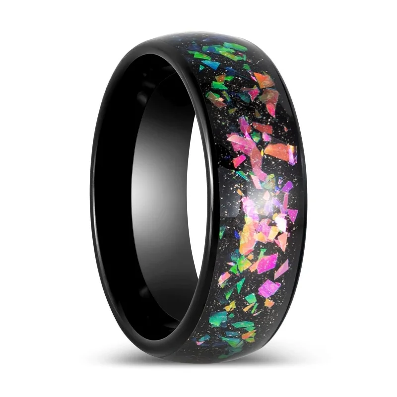 luxury engagement rings for women-BALATON | Black Tungsten Ring with Synthetic Opal Inlay