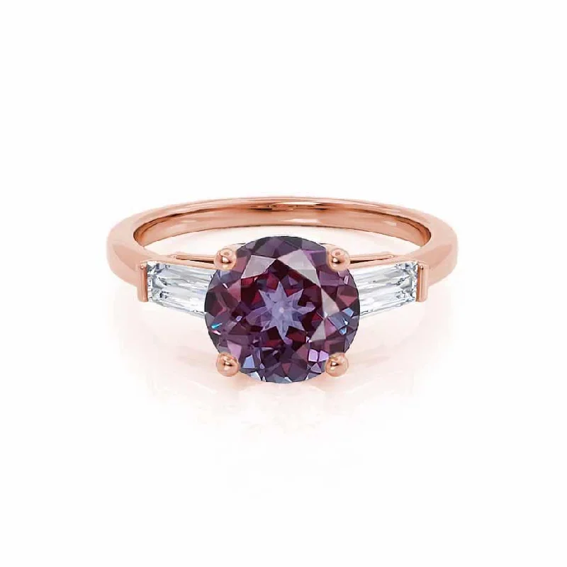 LOVETTA - Chatham® Round Alexandrite & Diamond Baguette 18k Rose Gold Trilogy