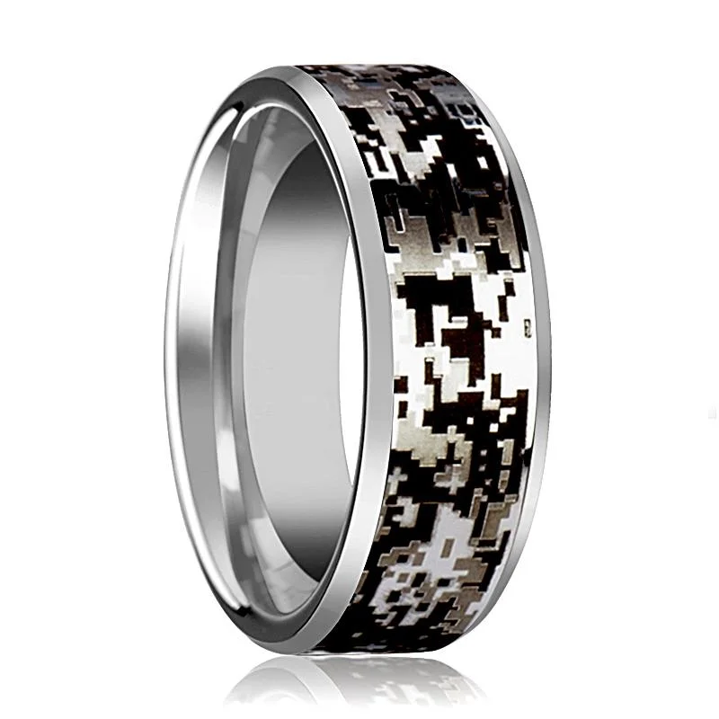 affordable solitaire engagement rings for women-Men's Tungsten Wedding Band with Digital Camouflage Inlay and Beveled Edges - 8MM