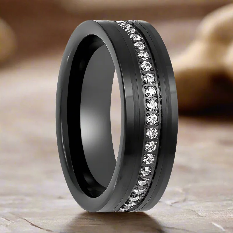 luxury platinum engagement rings for women-MAJESTIC | Black Tungsten Ring, Diamond Stimulant CZ Eternity, Flat