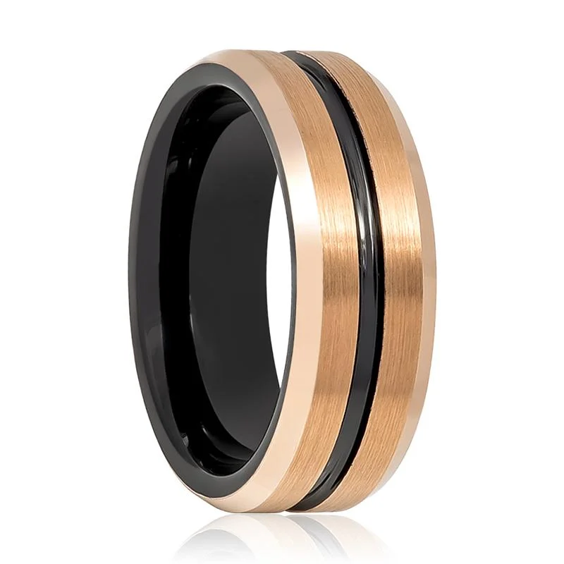 stunning engagement rings for women-QUAKE | Rose Gold Tungsten Ring, Black Groove, Beveled