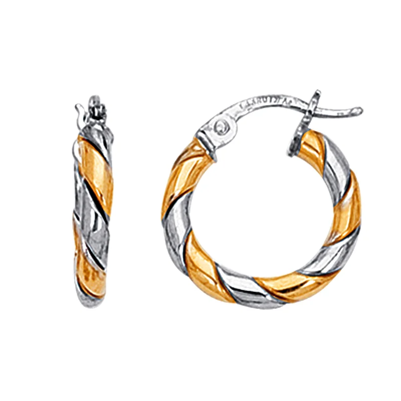 silver stud earrings for women-14K Yellow And White Gold Two Tone Small Twisted Hoop Earrings, Diameter 17mm