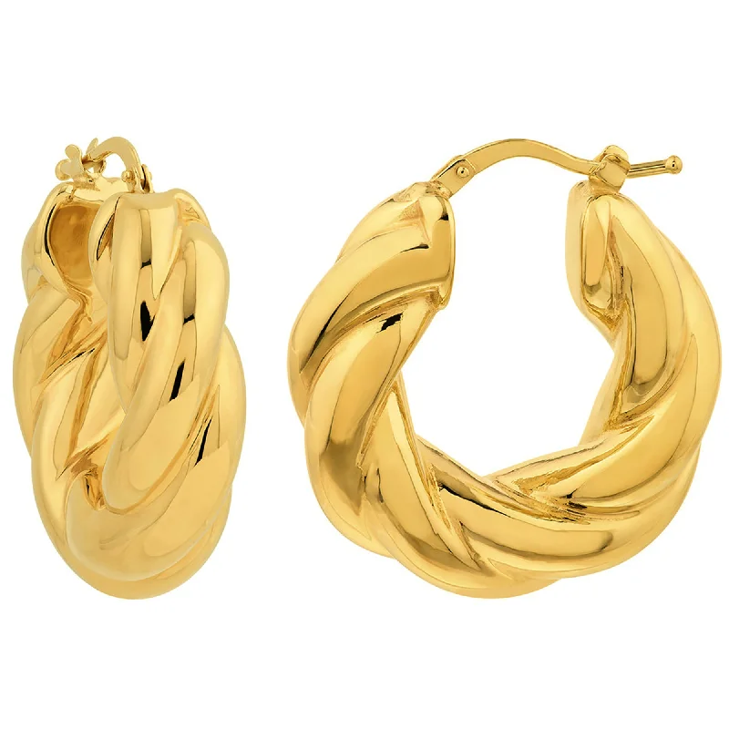 luxury pearl earrings for women-14k Yellow Gold Wide Twisted Puff Hoop Earrings with Hinged Back