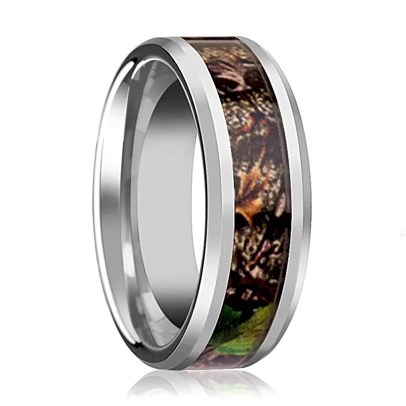 cushion cut engagement rings for women-Realistic Tree Camo Tungsten Ring for Men With Green Leaves & Polished Finish