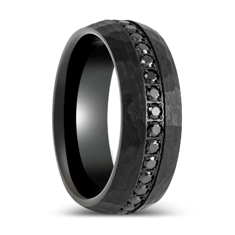 affordable custom-designed engagement rings for women-JUNCOS | Black Hammered Ring with Round Cut Black CZ