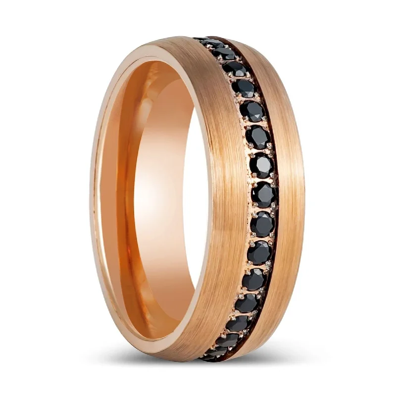 silver engagement rings for women-NOIRZIRCON | Rose Gold Tungsten Ring, Domed Ring, Black CZ Ring