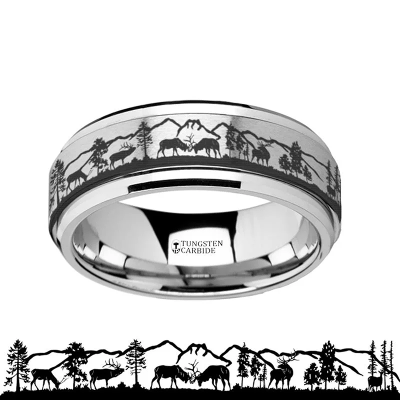 pear-shaped engagement rings for women-Laser Engraved Deer Stag Mountain Range Scene Tungsten Spinner Ring for Men with Bevels - 8MM