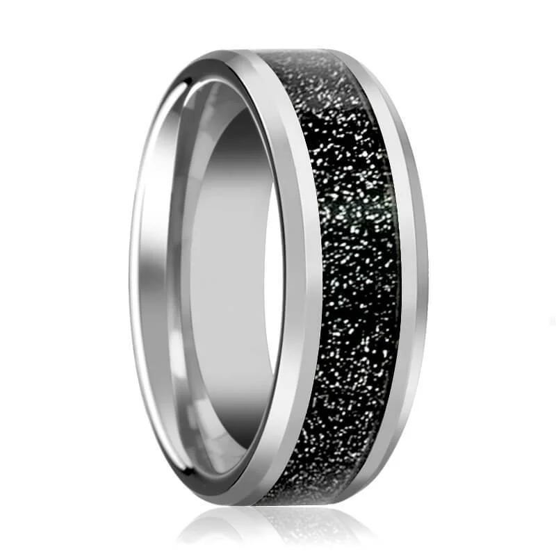 top rated engagement rings for women-STORMIC | Silver Tungsten Ring, Black Sandstone Carbon Fiber Inlay, Beveled