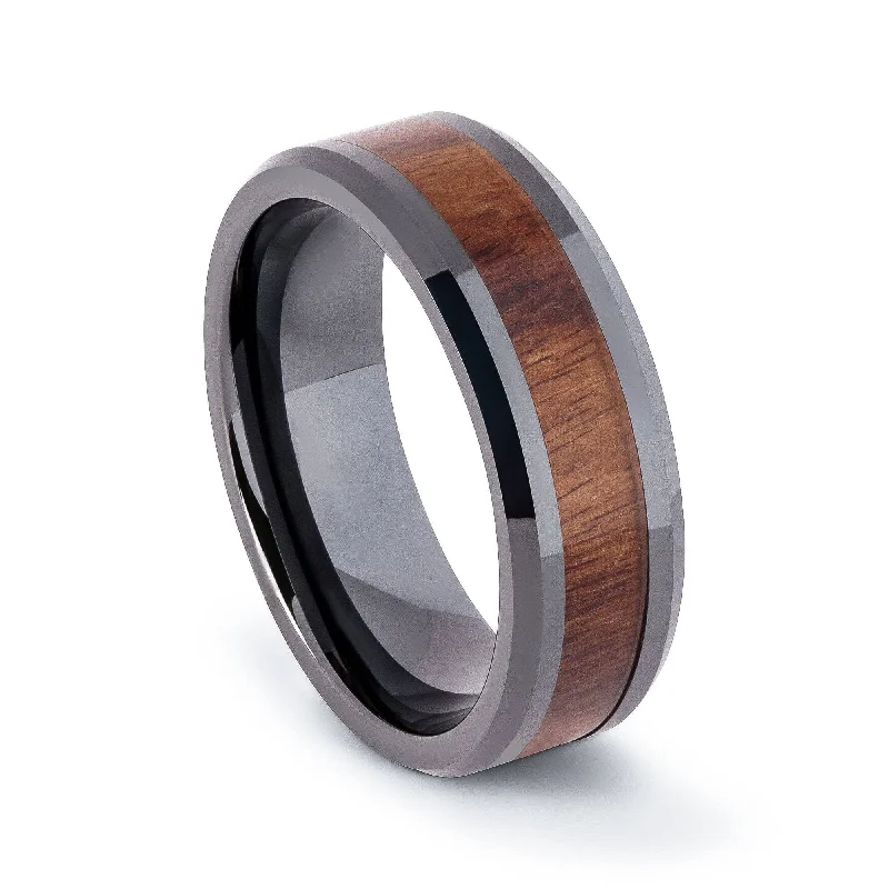 custom rose gold engagement rings for women-Black Ceramic Wedding Band With Dark Chestnut Wood 8MM