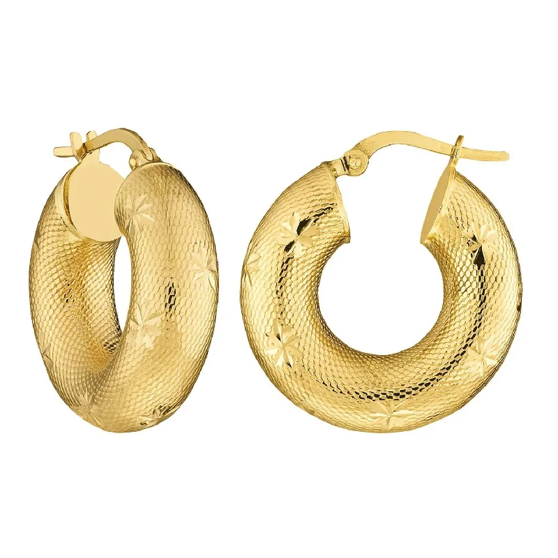 trendy gold earrings for women-14k Yellow Gold Round Textured D/C Hoop Earrings with Latch Back, 7mm Wide