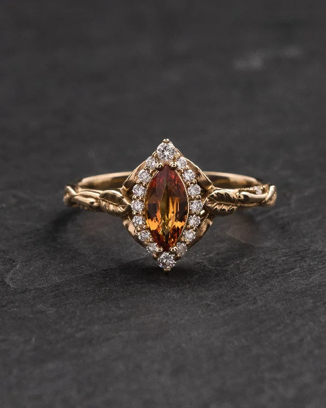 Vivid orange sapphire engagement ring, gold leaf ring with marquise cut gemstone and diamond halo / Florentina