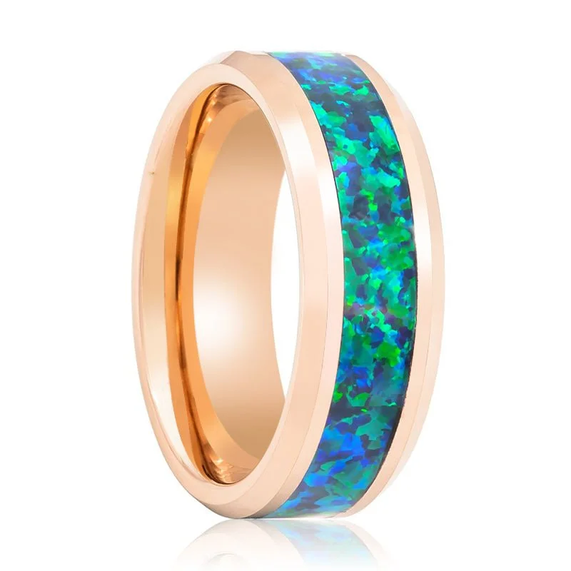 custom designed engagement rings for women-FUROR | Tungsten Ring Green Opal Inlay