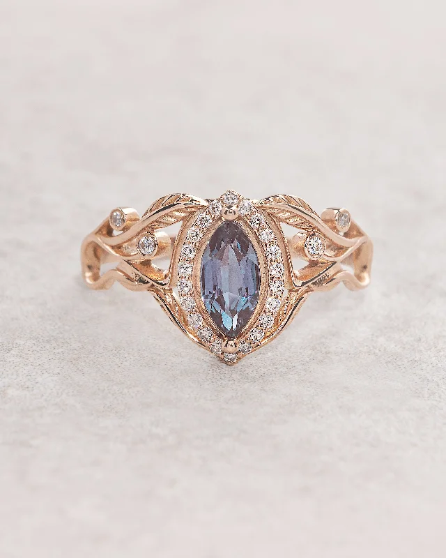 Art nouveau engagement ring with alexandrite and diamond halo / Callisto