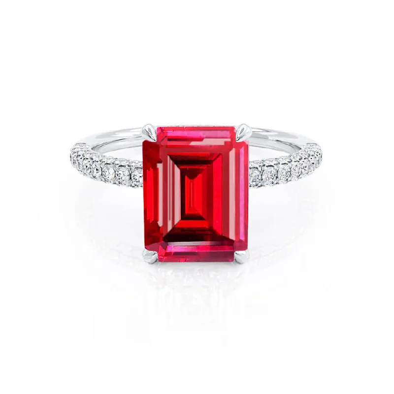 COCO - Chatham® Emerald Ruby & Diamond 950 Platinum Petite Hidden Halo Triple Pavé Ring