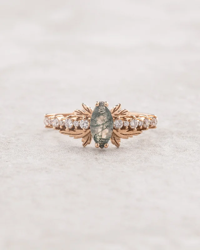 Alternative engagement ring with moss agate and gold leaf design / Verbena