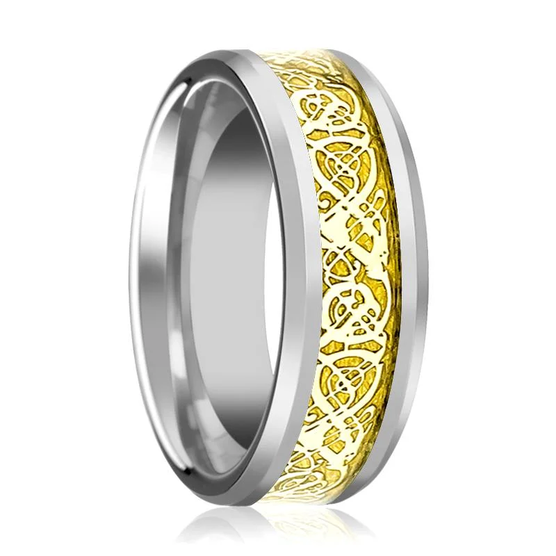 stunning engagement rings for women-Silver Tungsten Carbide Ring for Men with Gold Celtic Dragon Inlay & Beveled Edges - 8MM