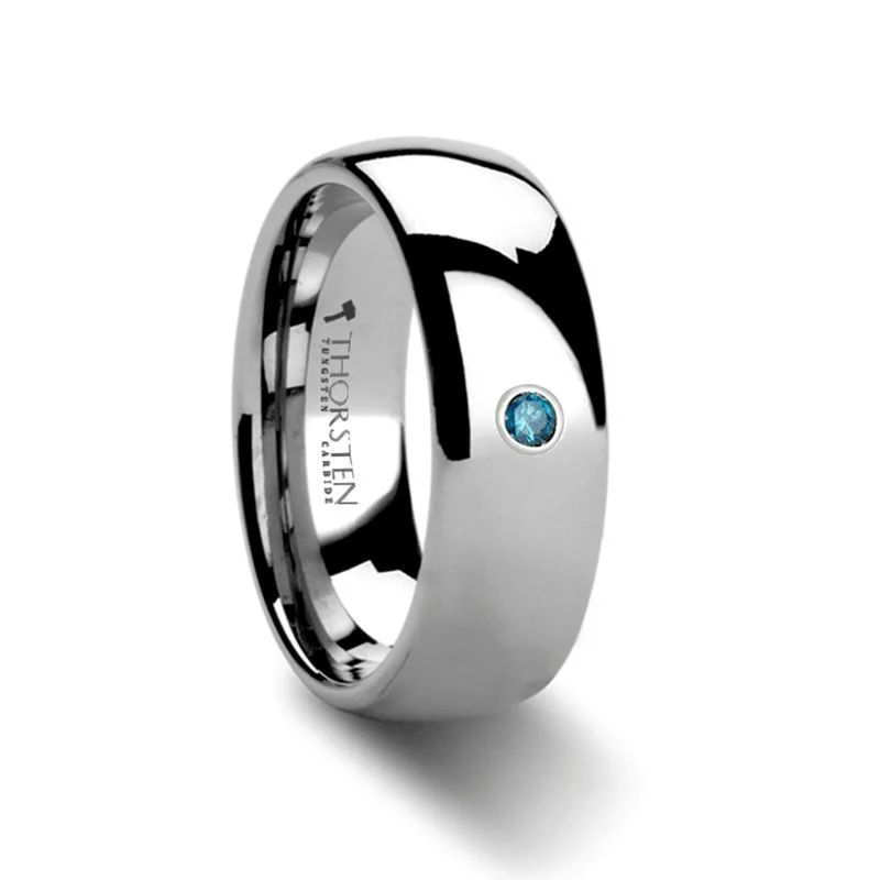 cushion cut engagement rings for women-BUCKINGHAM | Silver Tungsten Ring, Blue Diamond, Domed