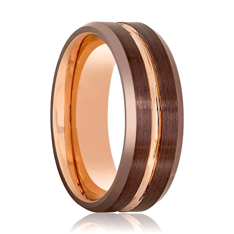 top engagement rings for women-DONIDOS | Rose Gold Tungsten Ring, Brown Brushed, Beveled