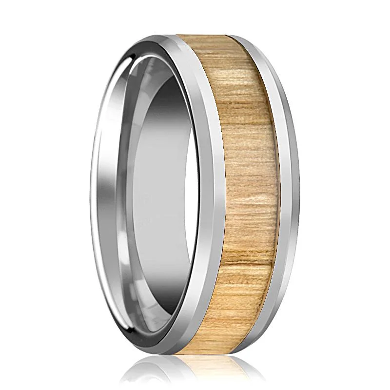 ruby engagement rings for women-SAMARA | Silver Tungsten Ring, Ash Wood Inlay, Beveled