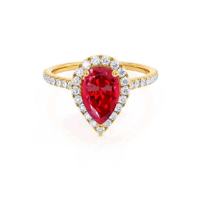 HARLOW - Chatham® Pear Ruby & Diamond 18k Yellow Gold Halo