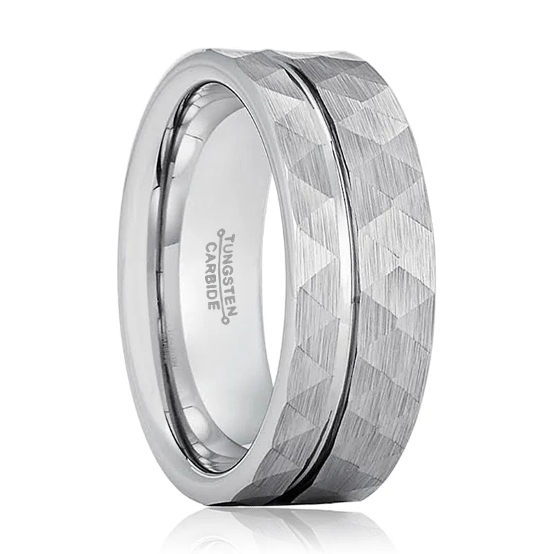 halo engagement rings for women-ROCCO | Silver Tungsten Ring, Hammered, Off-Center Groove, Flat