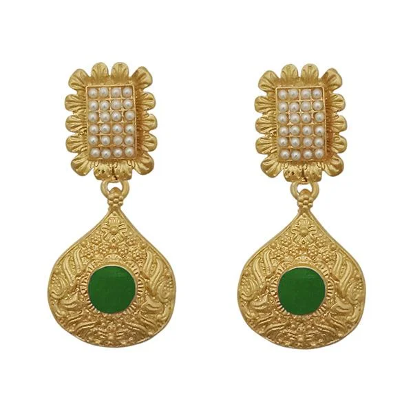 affordable earrings for women-Kriaa Green Pota Stone Gold Plated Pearl Dangler Earrings - 1313110E