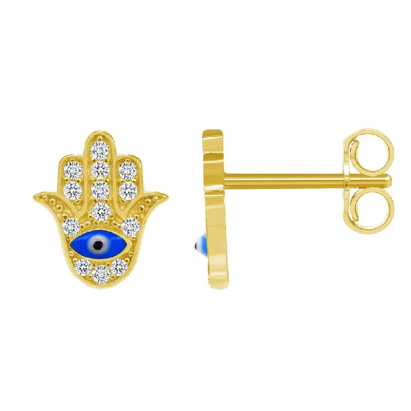 trendy gold earrings for women-14k Yellow Gold Cubic-Zirconia Hamsa Hand of Fatima with Evil Eye Stud Earrings with Push Back, 9mm