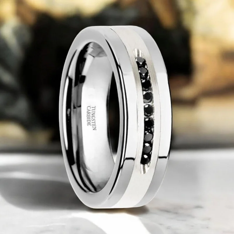 designer engagement rings for women-BLACKSTONE | Silver Tungsten Ring, Sterling Inlay, Black Diamonds, Flat