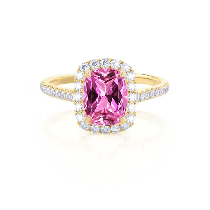 DARLEY - Chatham® Pink Sapphire Elongated Cushion Micro Pavé 18k Yellow Gold Halo