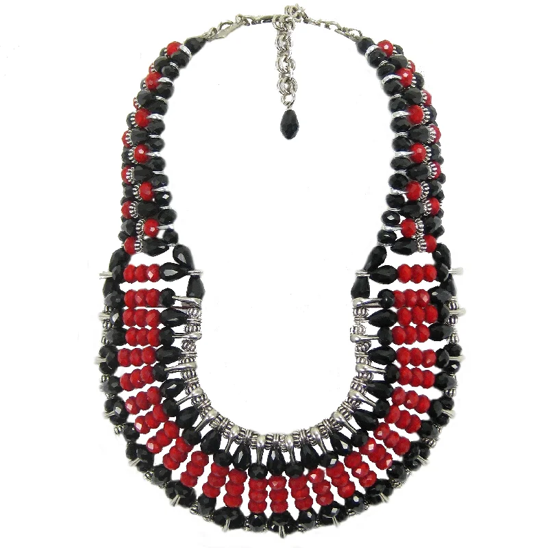 classic silver necklaces for women-#1102n Red, Black, Silver Tone Safety Pin Bib Necklace