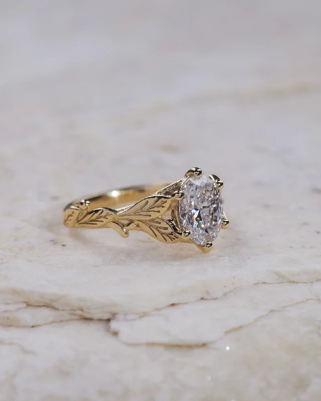 Solid gold leaves ring with lab grown diamond, nature engagement ring / Freesia