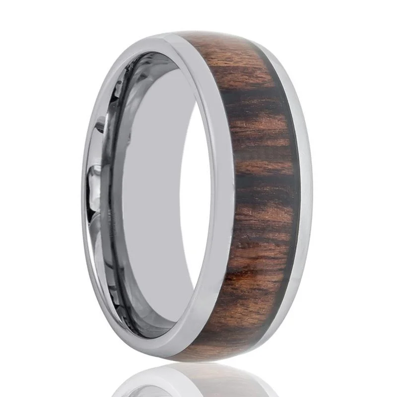 two-stone engagement rings for women-PRANCE | Silver Tungsten Ring, Rose Wood Inlay, Domed