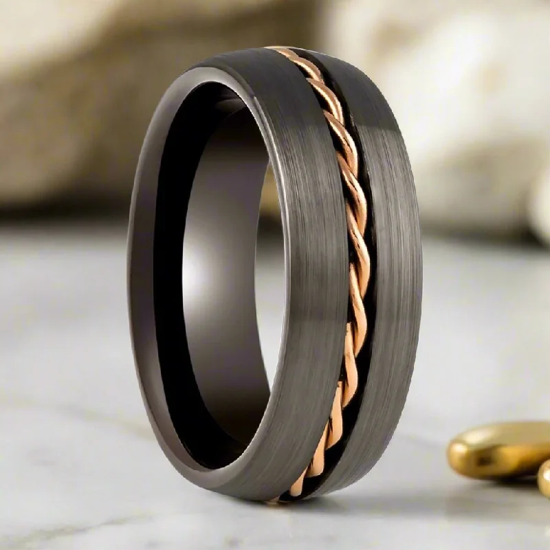 unique gemstone engagement rings for women-ROSIUM | Gunmetal Tungsten Ring, Rose Gold Rope Inlay, Domed