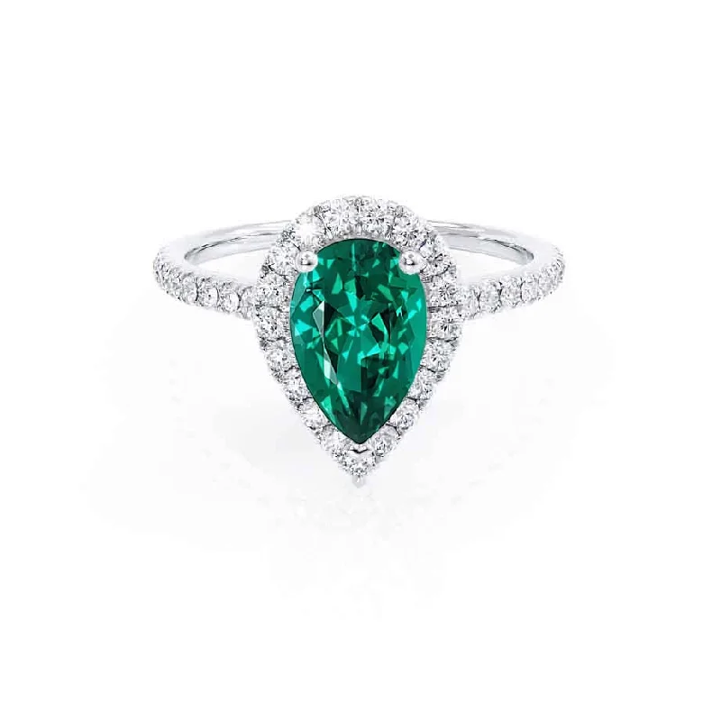 HARLOW - Chatham® Pear Emerald & Diamond 18k White Gold Halo