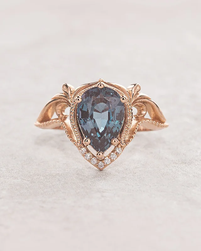 Engagement ring with big pear cut lab alexandrite / Lida