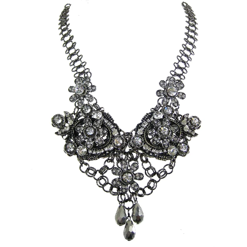 short necklaces for women-#1131n Silver Tone, Crystal & Hematite Floral Bib Necklace