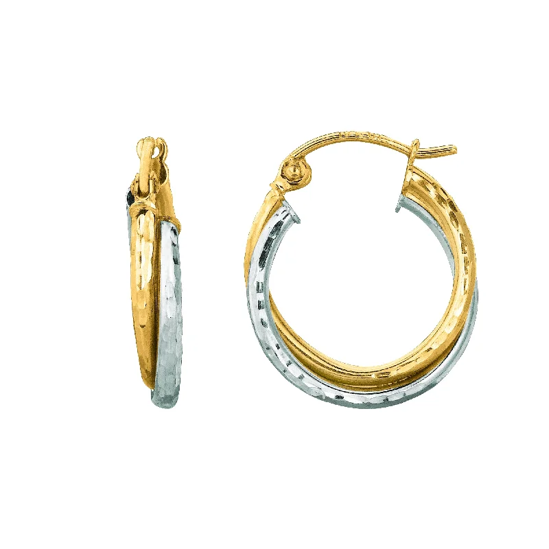 modern stud earrings for women-14K Yellow And White Gold Diamond Cut Double Row Hoop Earrings, Diameter 17mm