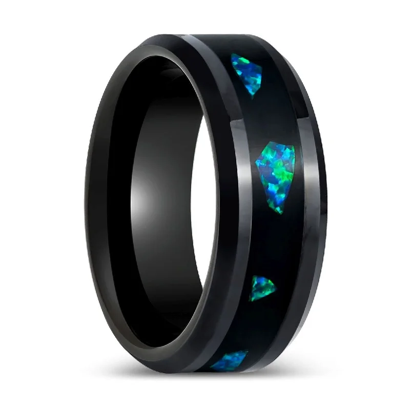 antique engagement rings for women-LUMINARIA | Black Tungsten Ring, Abalone Fragments Inlay, Beveled