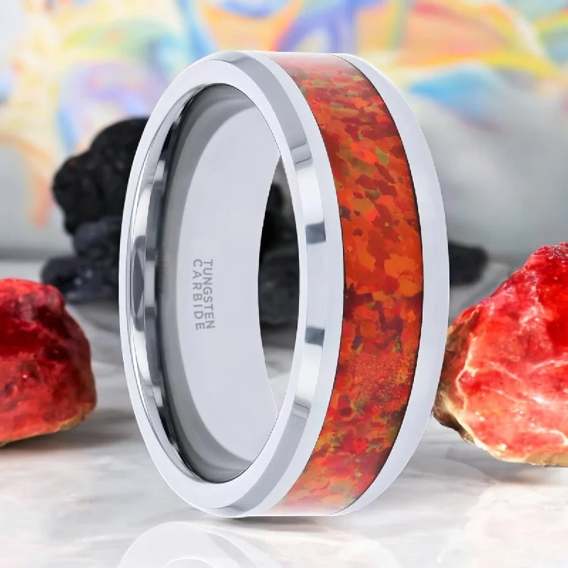 unique engagement rings for women-NEBULA | Silver Tungsten Ring, Red Opal Inlay, Beveled