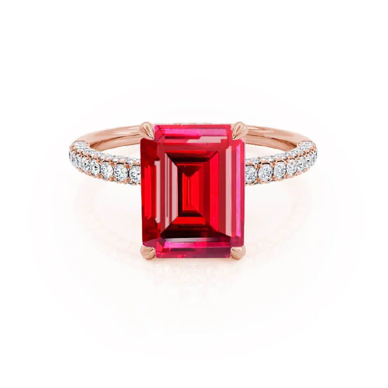 COCO - Chatham® Emerald Ruby & Diamond 18k Rose Gold Petite Hidden Halo Triple Pavé Ring