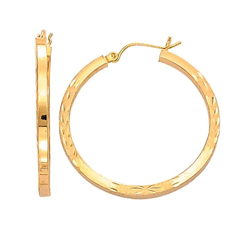 minimalist hoop earrings for women-14K Yellow Gold Diamond Cut Square Tube Hoop Earrings, Diameter 35mm