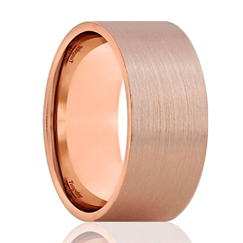 unique solitaire engagement rings for women-PERCY | Rose Gold Tungsten Ring, Brushed, Flat